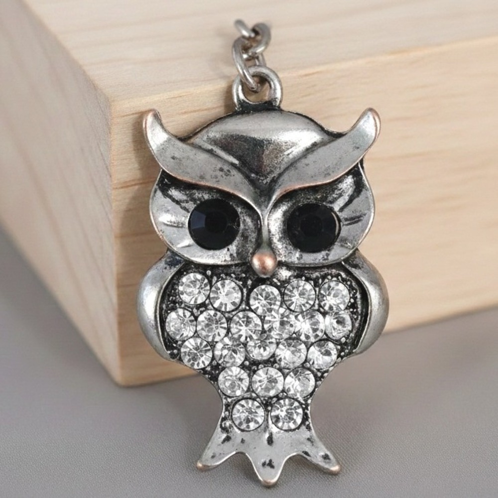 Silver Tone Owl Keychain Charm Rhinestone Bag Accessory‎ Purse Key Decor Y2K OS